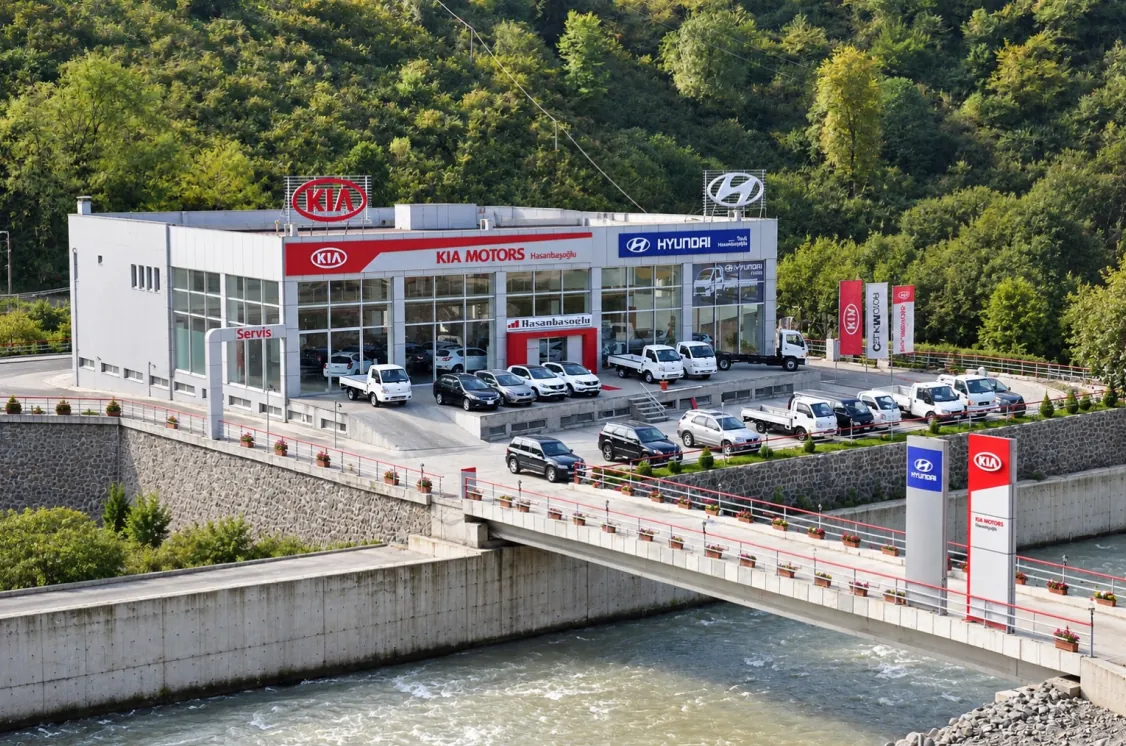 Kia ve Hyundai tabelalı plaza ile önündeki araçlar.